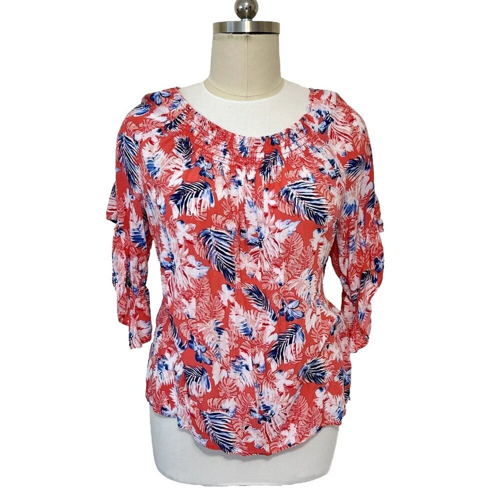 Terra & Sky - Women's Red, Blue, White Tropical Leaf Print Gathered Round Neck